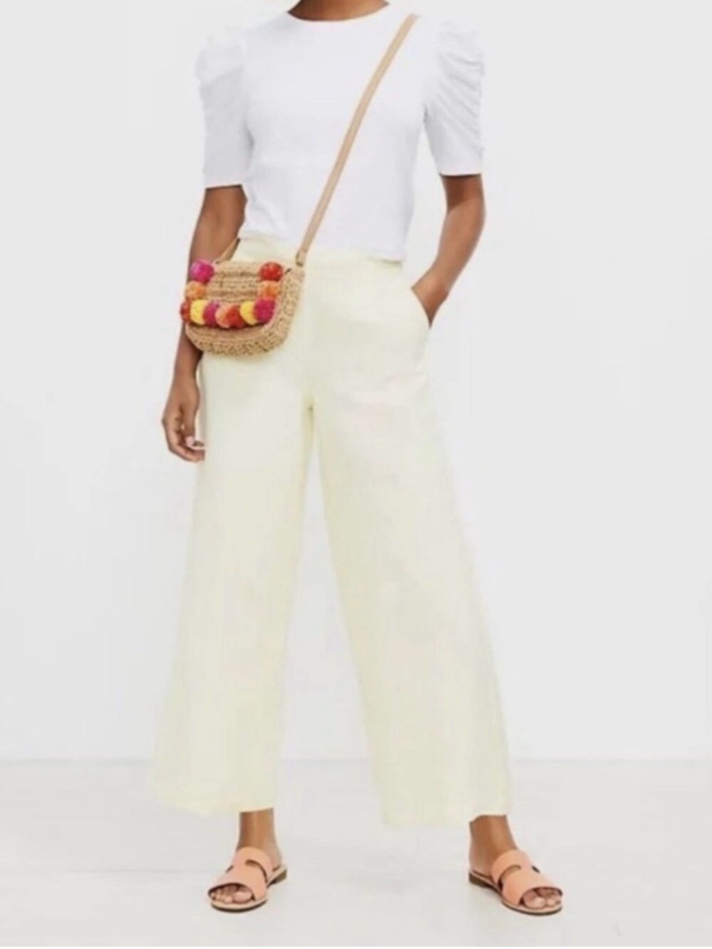 Loft Wide Leg Linen-Blend Crop Pants in yellow and white stripe small new